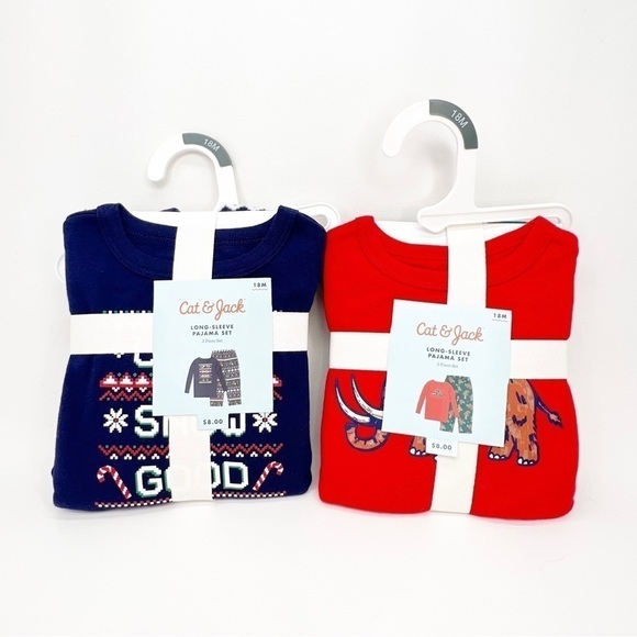 Cat & Jack Pajamas 2 Sets Jersey& Fleece Christmas Holiday Boys Red Blue New NWT - Picture 1 of 8